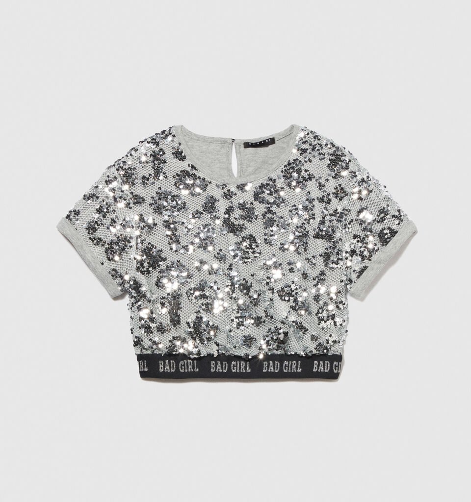Blouse with mesh and sequins - girls' shirts and blouses - Silver | Sisley Young image number 1